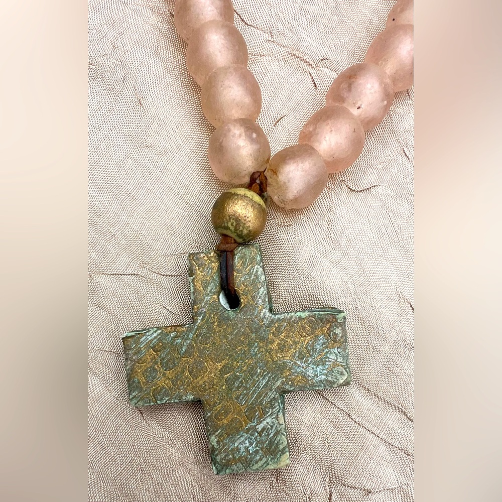 Handmade Ghana African Recycled Sea Glass Beads Necklace Cross Pale Pink